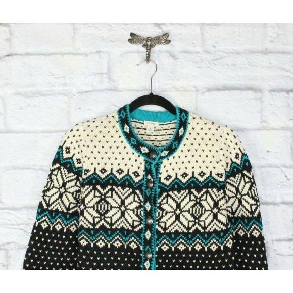 LL Bean Black Snowflakes Fair Cotton Button Down Nordic Sweater Size S - Picture 2 of 9